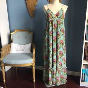 XXI Floral aqua baby doll style chiffon lined spaghetti straps maxi dress size L